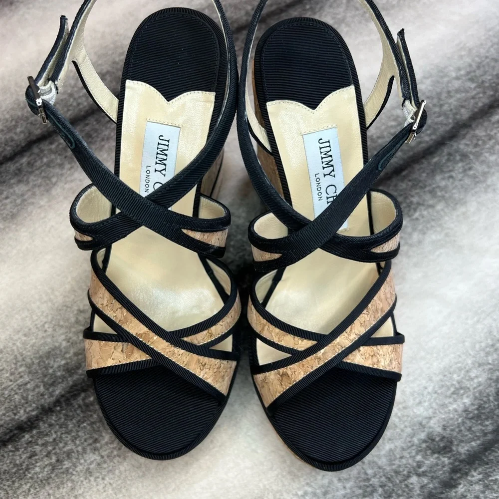 Jimmy Choo Alissa 120 Natural Black Cork Grossgrain Wedges